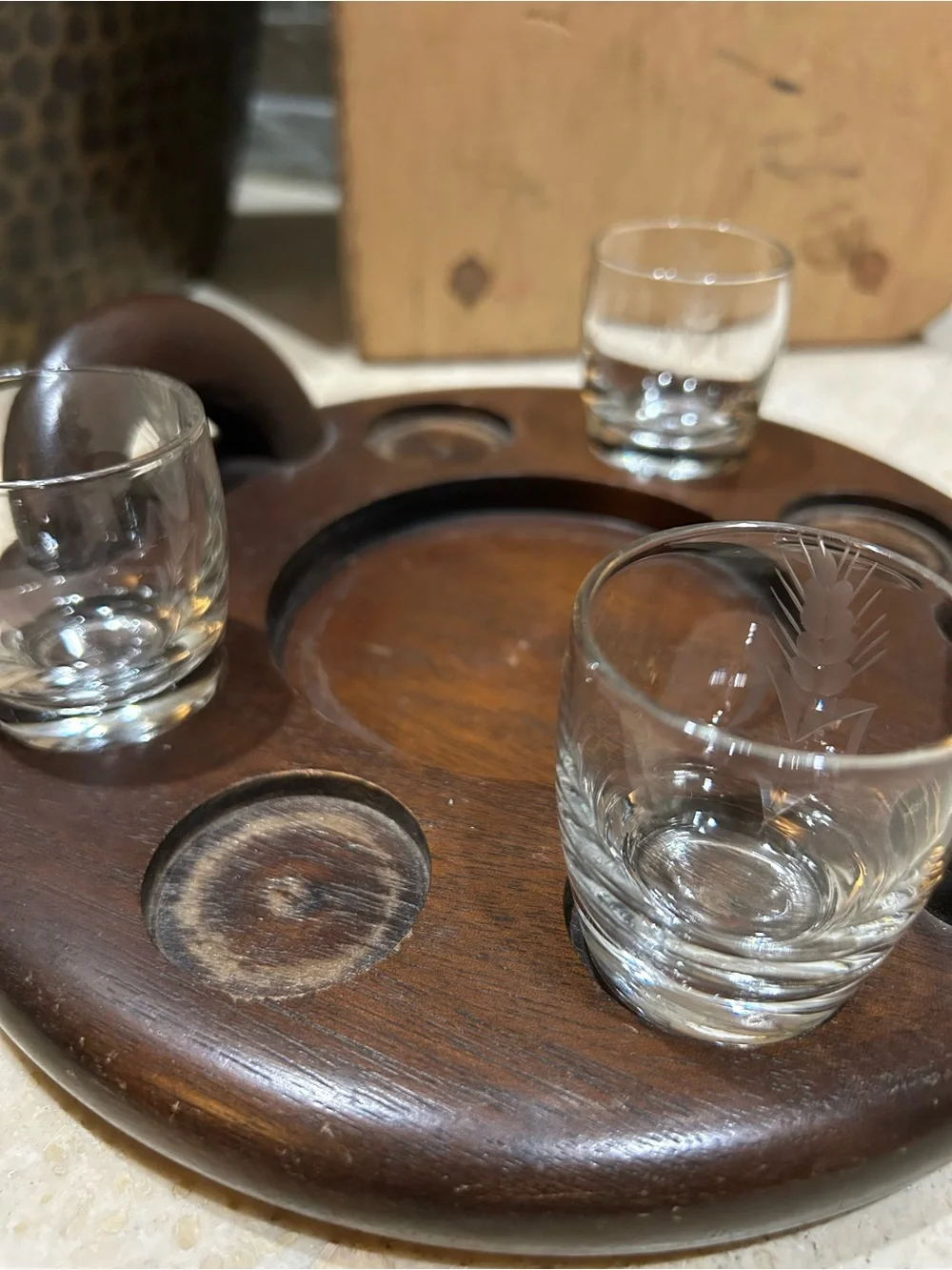 Vintage Wooden Shot Glass and Liquor Bottle Serving Tray Caddy with Handles